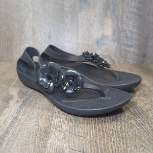 Crocs Serena Sexi Women's 7 Black Embellished Floral Thong Sandals Casual Shoes